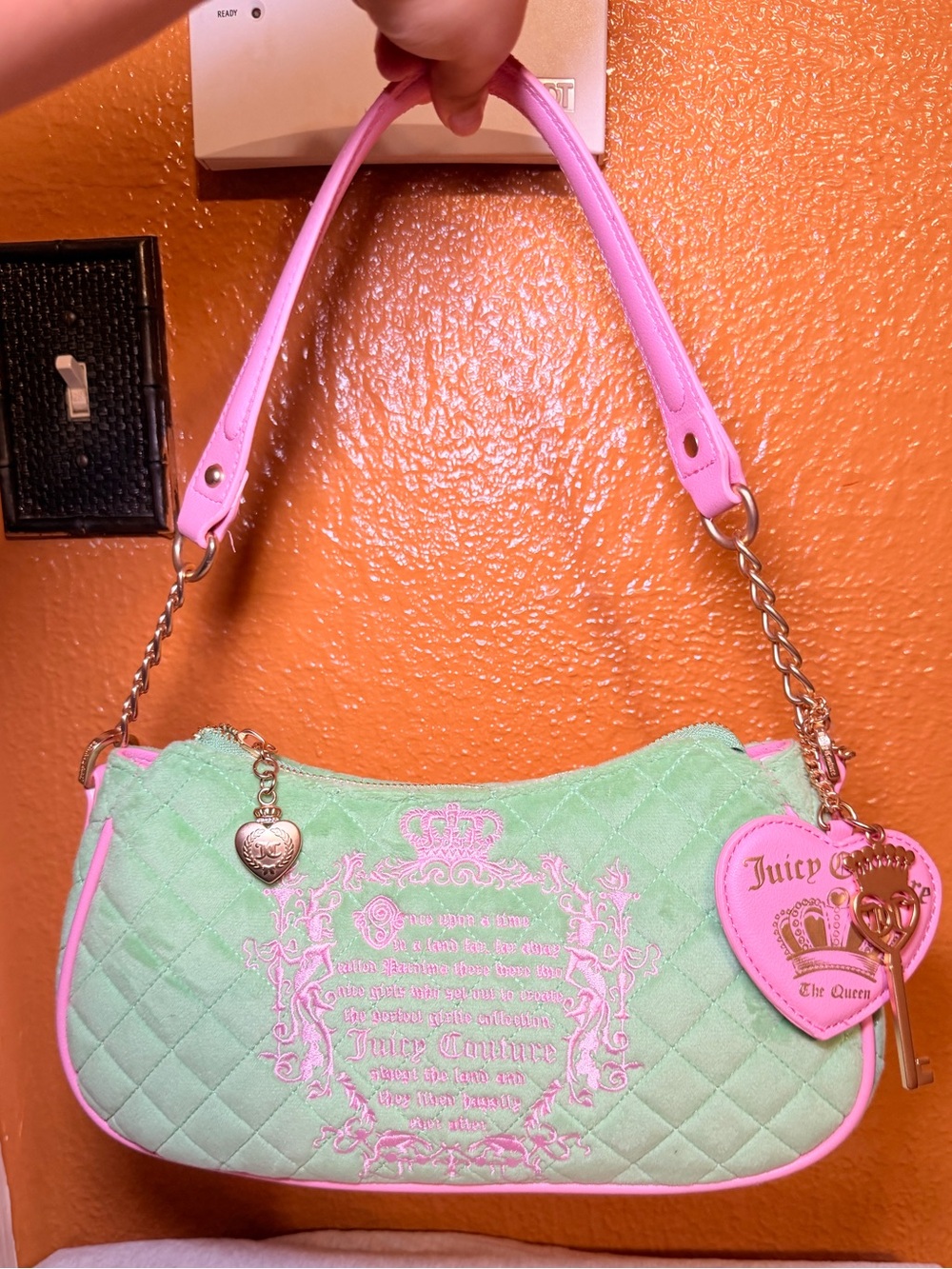 Juicy Couture Juicy Tale Shoulder Bag Retro Green Pink Quilted Bag Purse NWT